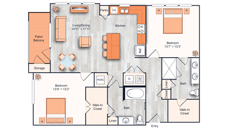 Floor plan for 2 beds, 2 baths, 1241 sqft