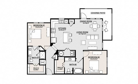 Floor plan for 2 beds, 2 baths, 1201 sqft
