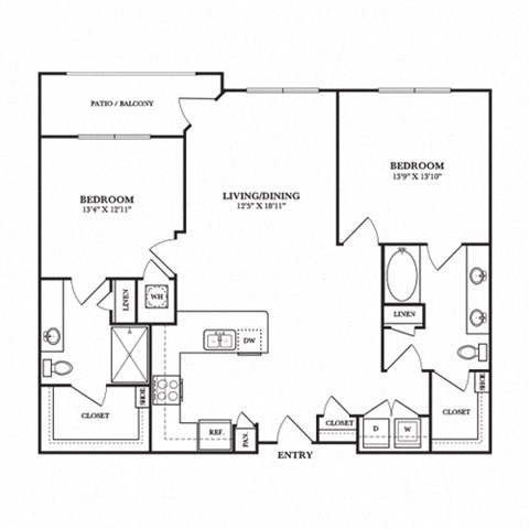 Floor plan for 2 beds, 2 baths, 1222 sqft