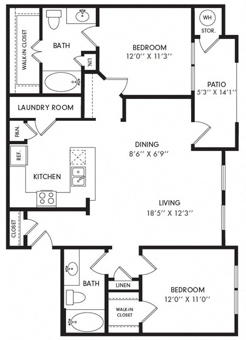 Floor plan for 2 beds, 2 baths, 1069 sqft