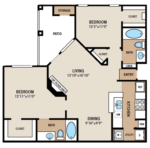 Floor plan for 2 beds, 2 baths, 1082 sqft
