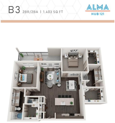 Floor plan for 2 beds, 2 baths, 1403 sqft