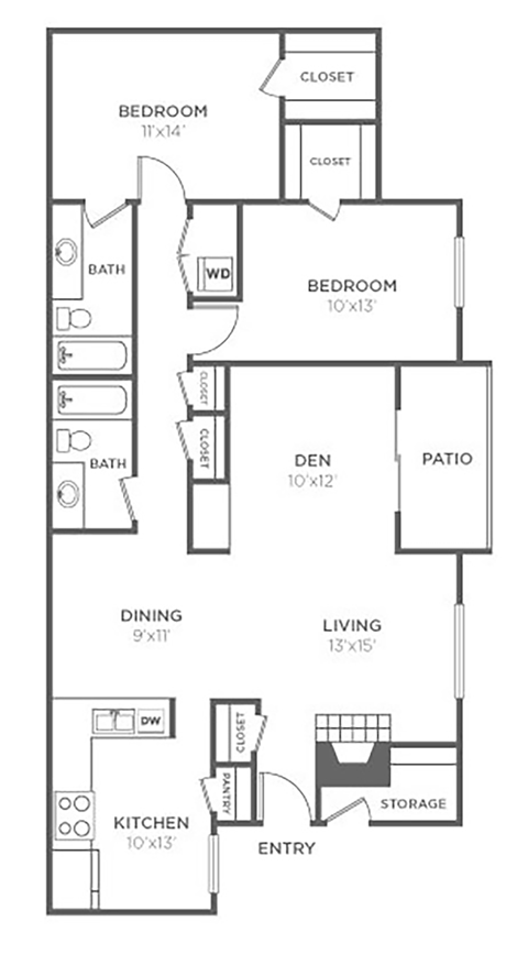Floor plan for 2 beds, 2 baths, 1338 sqft