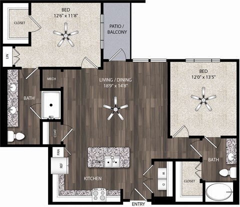Floor plan for 2 beds, 2 baths, 1206 sqft