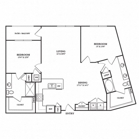 Floor plan for 2 beds, 2 baths, 1323 sqft