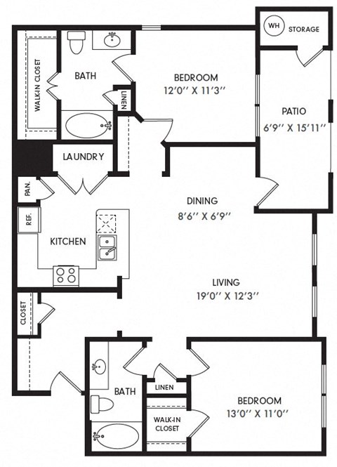 Floor plan for 2 beds, 2 baths, 1138 sqft