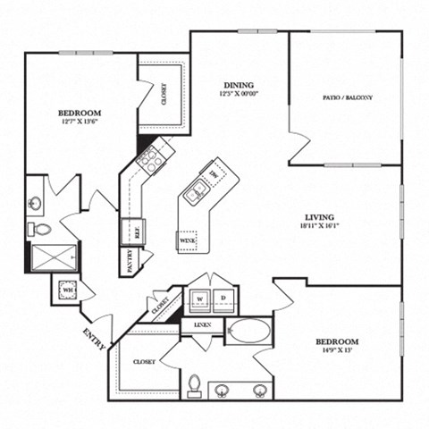 Floor plan for 2 beds, 2 baths, 1416 sqft