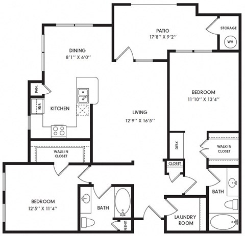 Floor plan for 2 beds, 2 baths, 1181 sqft