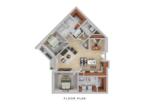 Floor plan for 2 beds, 2 baths, 1318 sqft