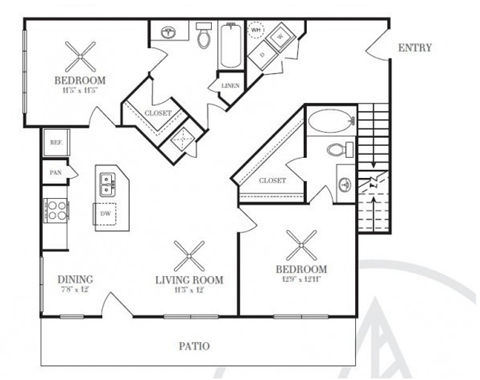 Floor plan for 2 beds, 2 baths, 1074 sqft