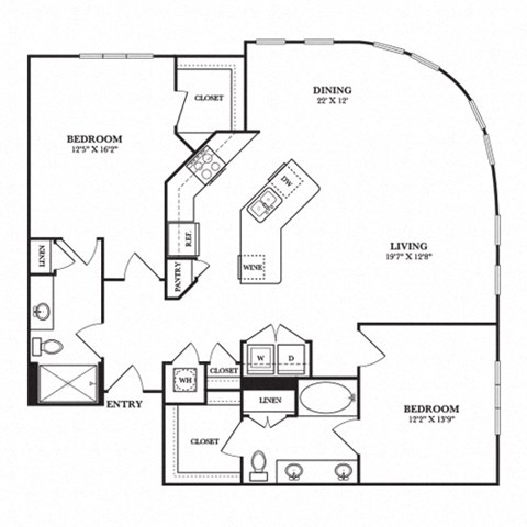 Floor plan for 2 beds, 2 baths, 1425 sqft