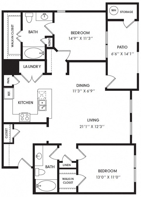Floor plan for 2 beds, 2 baths, 1182 sqft