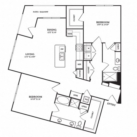 Floor plan for 2 beds, 2 baths, 1481 sqft