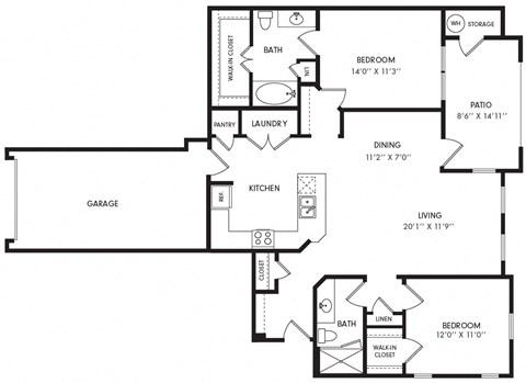 Floor plan for 2 beds, 2 baths, 1216 sqft