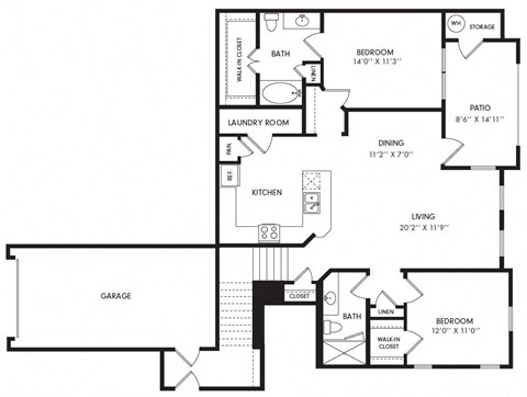 Floor plan for 2 beds, 2 baths, 1285 sqft