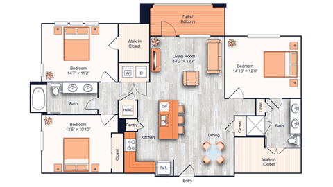 Floor plan for 3 beds, 2 baths, 1412 sqft