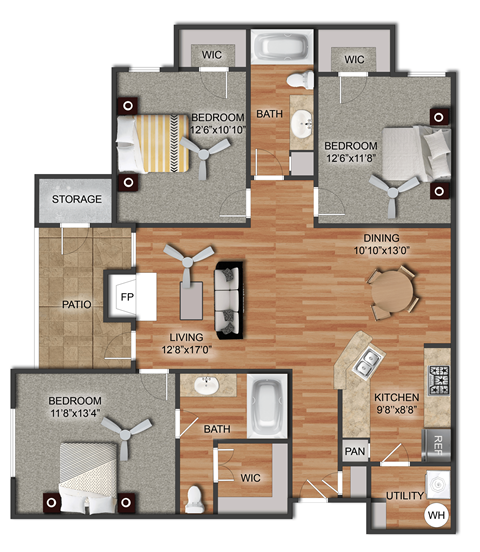 Floor plan for 3 beds, 2 baths