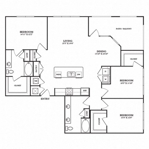 Floor plan for 3 beds, 2 baths, 1609 sqft