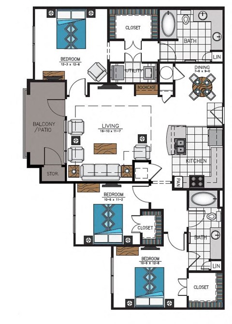 Floor plan for 3 beds, 2 baths, 1398 sqft