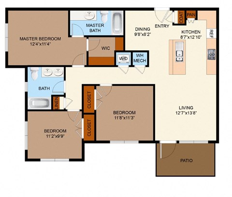 Floor plan for 3 beds, 2 baths
