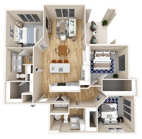Floor plan for 3 beds, 2 baths, 1383 sqft