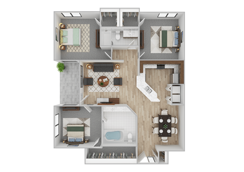 Floor plan for 3 beds, 2 baths, 1256 sqft