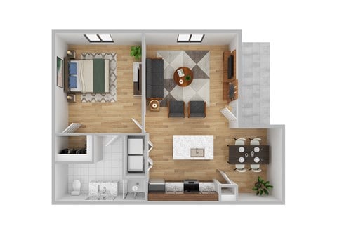 Floor plan for 1 bed, 1 bath, 714 sqft