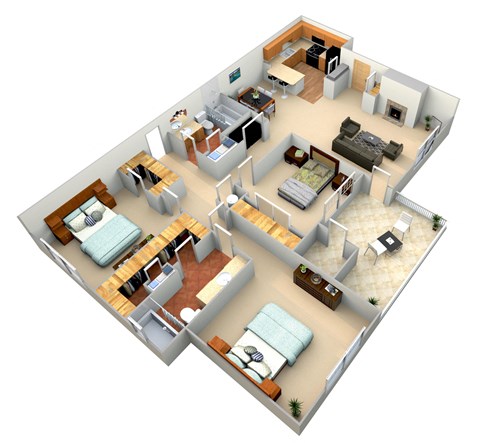 Floor plan for 3 beds, 2 baths, 1362 sqft