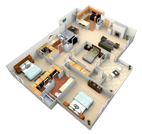Floor plan for 3 beds, 2 baths, 1413 sqft