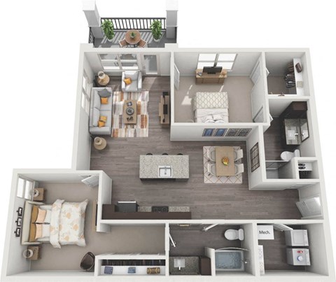 Floor plan for 2 beds, 2 baths, 1169 sqft
