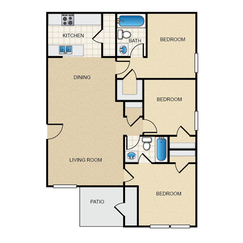Floor plan for 3 beds, 2 baths, 960 sqft