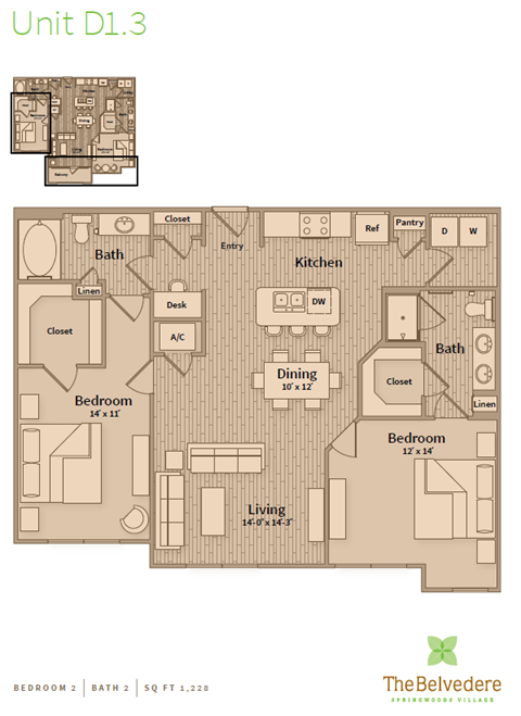 Floor plan for 2 beds, 2 baths, 1228 sqft