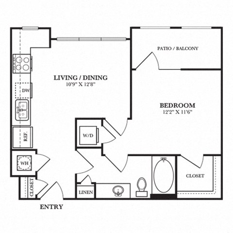 Floor plan for studio, 1 bath, 584 sqft