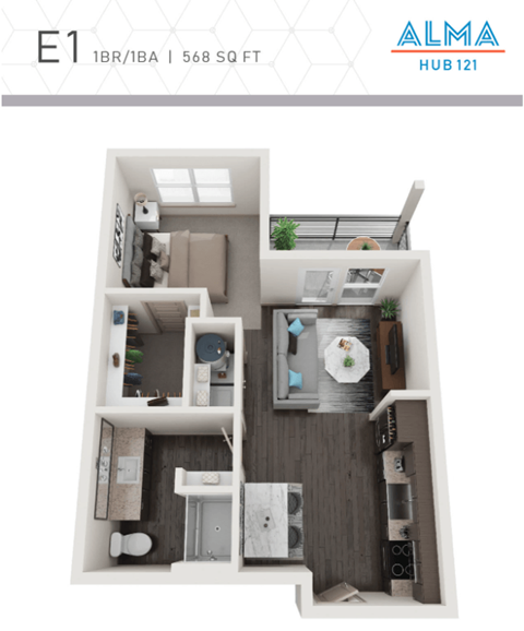 Floor plan for 1 bed, 1 bath, 568 sqft