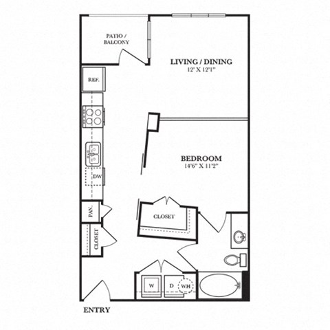 Floor plan for studio, 1 bath, 626 sqft