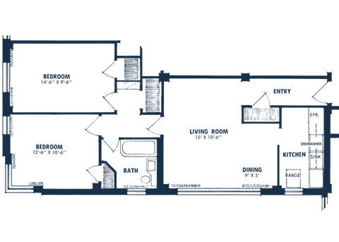 Floor plan for 2 beds, 1 bath, 800 sqft
