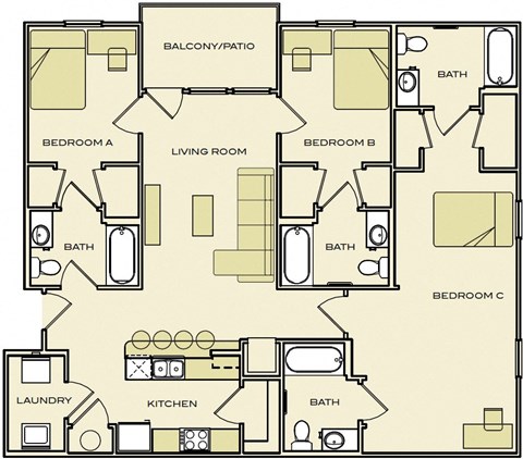 Floor plan for 3 beds, 3 baths, 1400 sqft