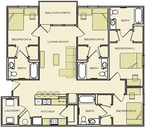 Floor plan for 4 beds, 4 baths, 1400 sqft