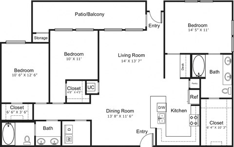 Floor plan for 3 beds, 2 baths