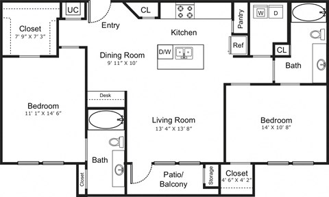 Floor plan for 2 beds, 2 baths, 1082 sqft