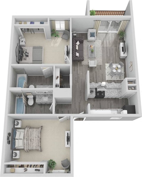 Floor plan for 2 beds, 2 baths, 947 sqft