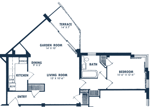 Floor plan for 1 bed, 1 bath, 825 sqft