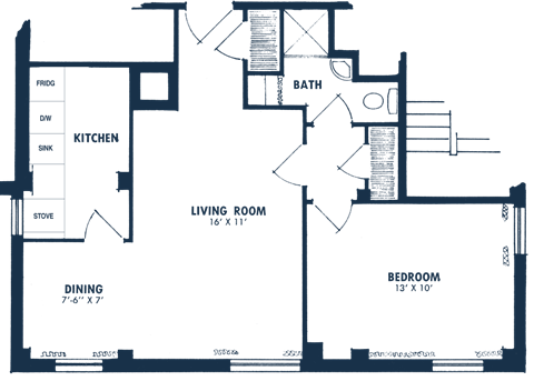 Floor plan for 1 bed, 1 bath, 600 sqft