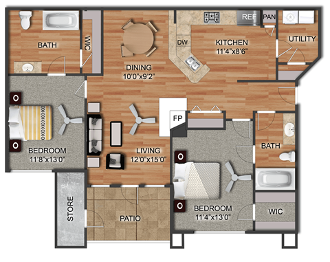 Floor plan for 2 beds, 2 baths, 1158 sqft