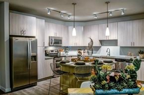 San Antonio apartment for rent - A modern kitchen with a large island and stainless steel appliances.