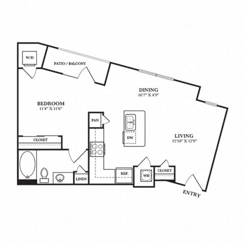 Floor plan for studio, 1 bath, 694 sqft