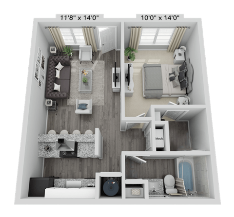 Floor plan for 1 bed, 1 bath, 537 sqft