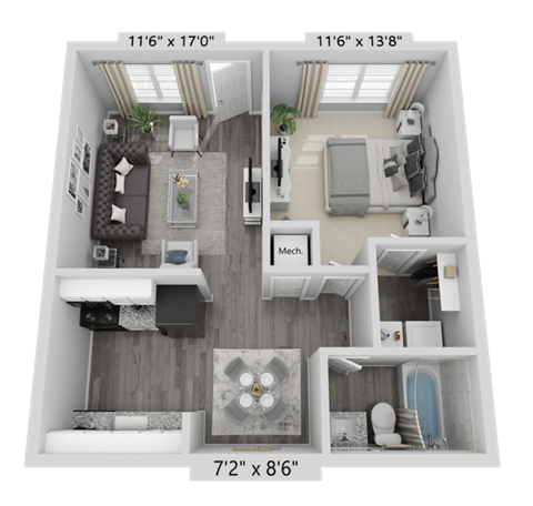 Floor plan for 1 bed, 1 bath, 636 sqft