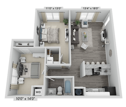 Floor plan for 2 beds, 1 bath, 837 sqft