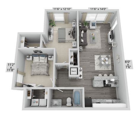 Floor plan for 2 beds, 1 bath, 885 sqft